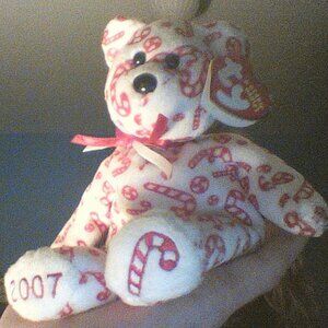 Original Beany Babies Ty 2007 Candy Cane Heart Booklet RIBBONS WHITE & RED bear.